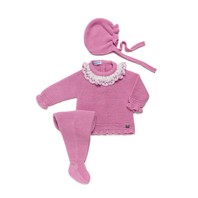 Conjunto bebe 3 piezas con puntilla Juliana Rosa palo